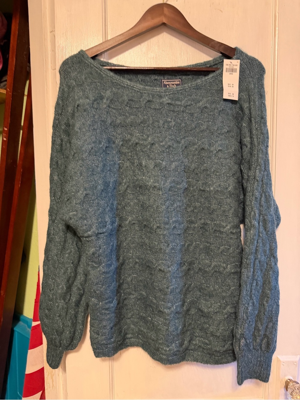 NWT Abercrombie & Fitch Womens Large Teal Cable Knit Boat Neck Sweater Fuzzy